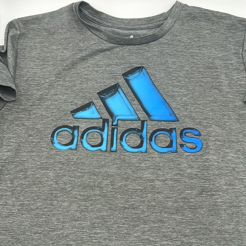 Adidas Heather Gray Blue Logo Short Sleeve Dry Fit Tee Size M (10/12)